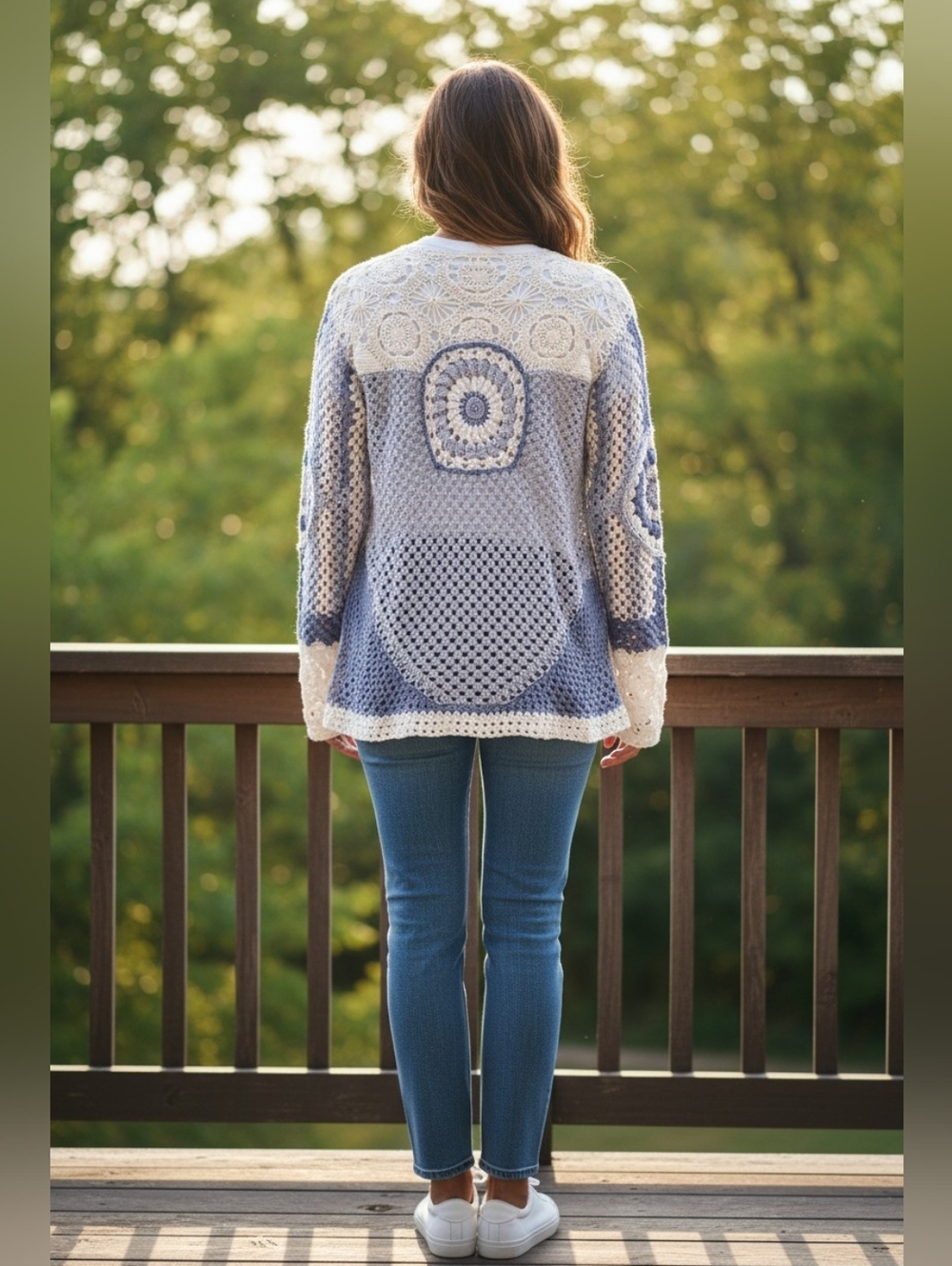 Together Blue & Cream Crochet Cardigan | Boho Patchwork Knit Sweater - Picture 5 of 7